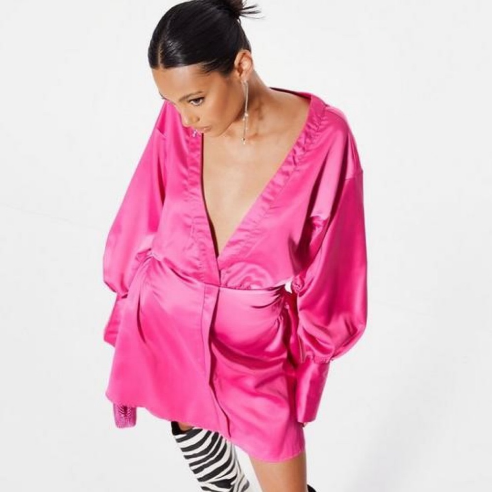 Missguided Pink Satin Shirt Ruched Mini Dress. Worn once.